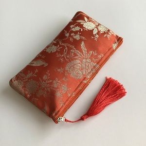 NEW! 100% SILK Cosmetic Bag Sunglasses Case Big Sky Shanghai Floral Birds Tassel